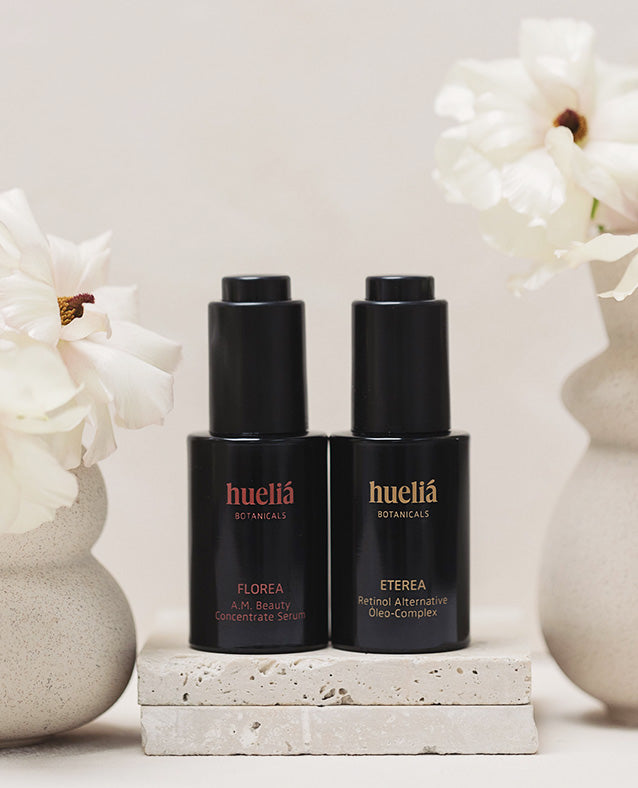 The Complete Ritual by Hueliá Botanicals – FLOREA and ETEREA, a two-step skincare set with a hydrating vitamin C and peptide serum, and a nourishing Bakuchiol and algae face oil to boost glow, smooth skin, and support renewal.