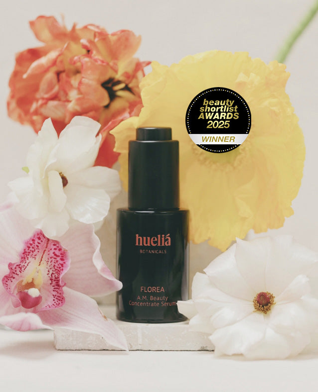 Award-winning FLOREA A.M. Serum by Hueliá Botanicals – antioxidant-rich, soothing, brightening serum with liposomal vitamin C, peptides, snow mushroom (Tremella), gardenia, and jasmine for radiant, calm skin.